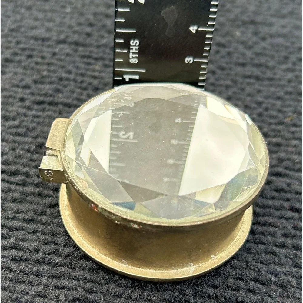 Vintage Brass Round Jewelry Ring Box‎ Faceted Glass Lid Velvet Lined Trinket Box